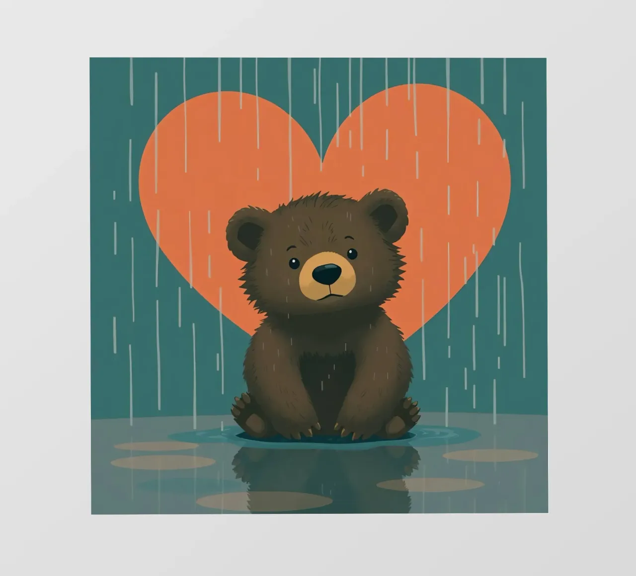 Simpatico orso seduto sotto la pioggia sotto un grande cuore a forma di telo in pvc da DesignDoodle