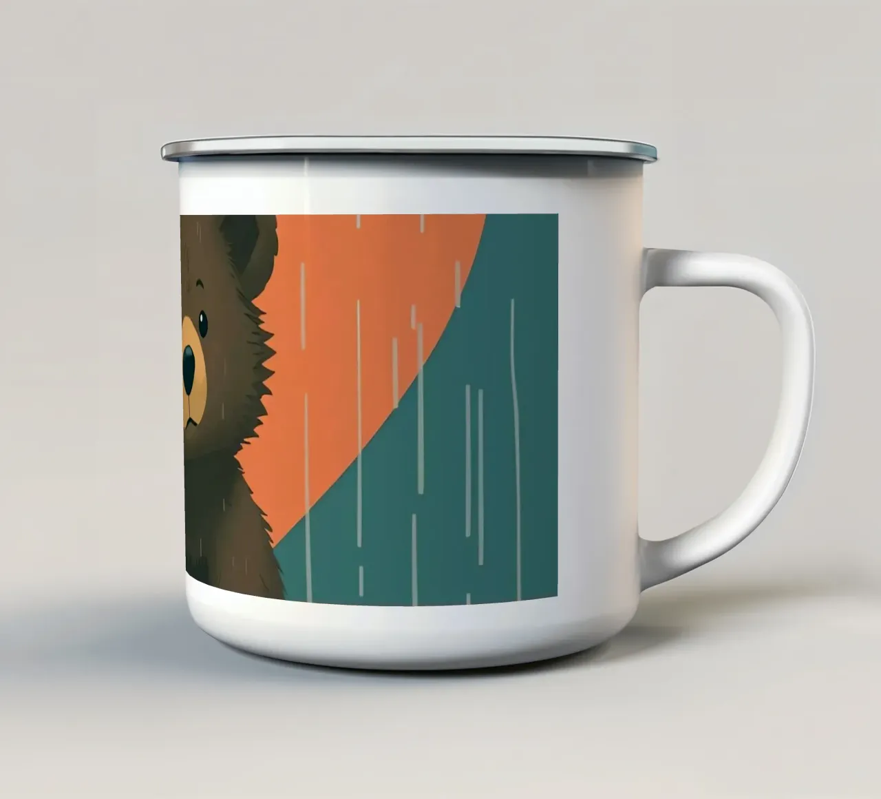 Simpatico orso seduto sotto la pioggia sotto un grande cuore a forma di tazza in smalto da DesignDoodle