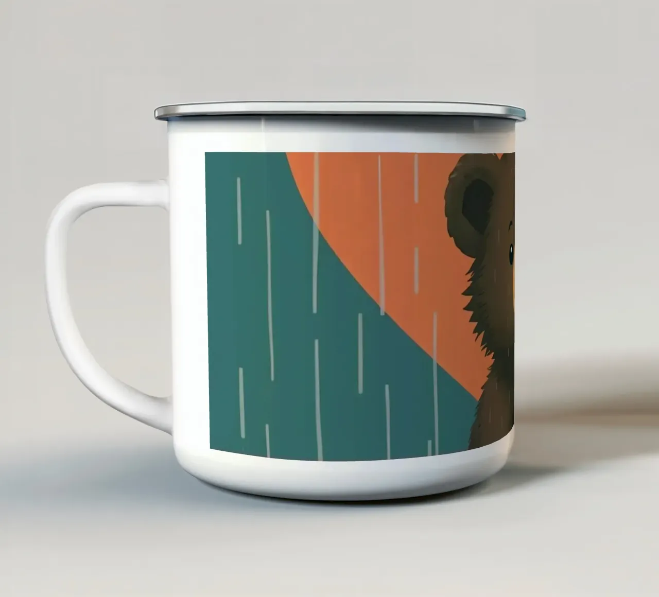 Simpatico orso seduto sotto la pioggia sotto un grande cuore a forma di tazza in smalto da DesignDoodle
