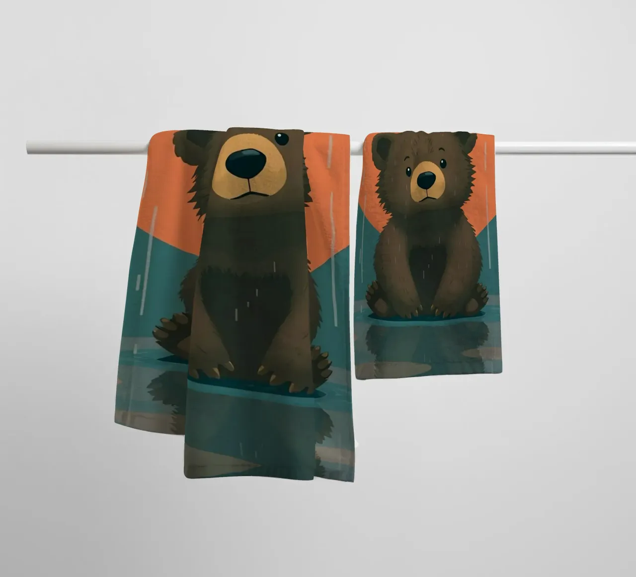 Simpatico orso seduto sotto la pioggia sotto un grande cuore a forma di asciugamano da bagno da DesignDoodle
