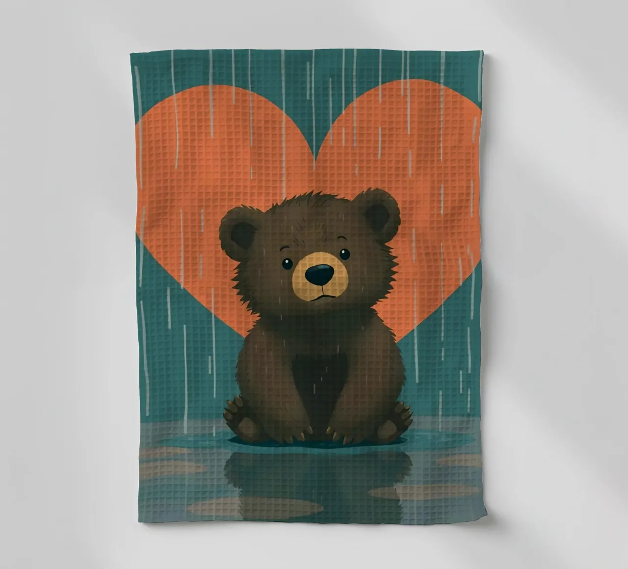 Mignon ours assis sous la pluie, sous un grand coeur en forme d'arbre. torchon de DesignDoodle