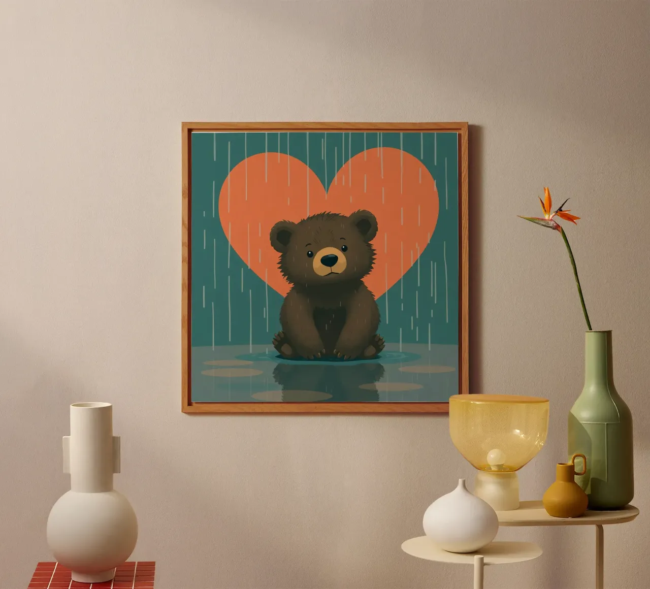 Cute bear sitting in rain under a large heart shaped alu-dibond by DesignDoodle