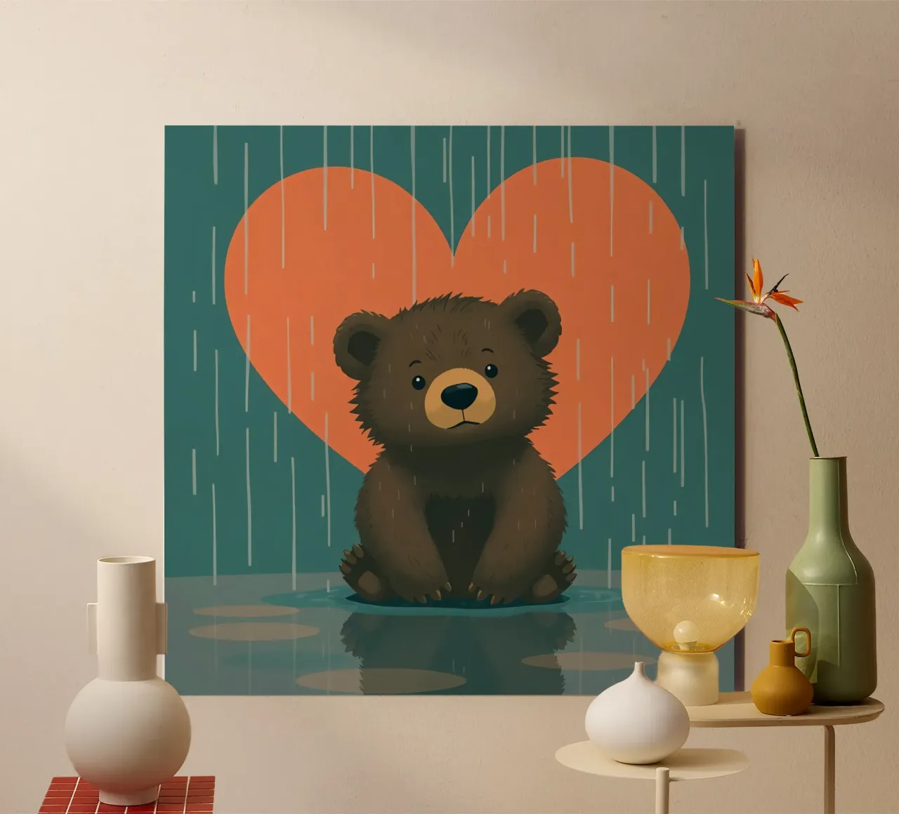 Cute bear sitting in rain under a large heart shaped alu-dibond by DesignDoodle