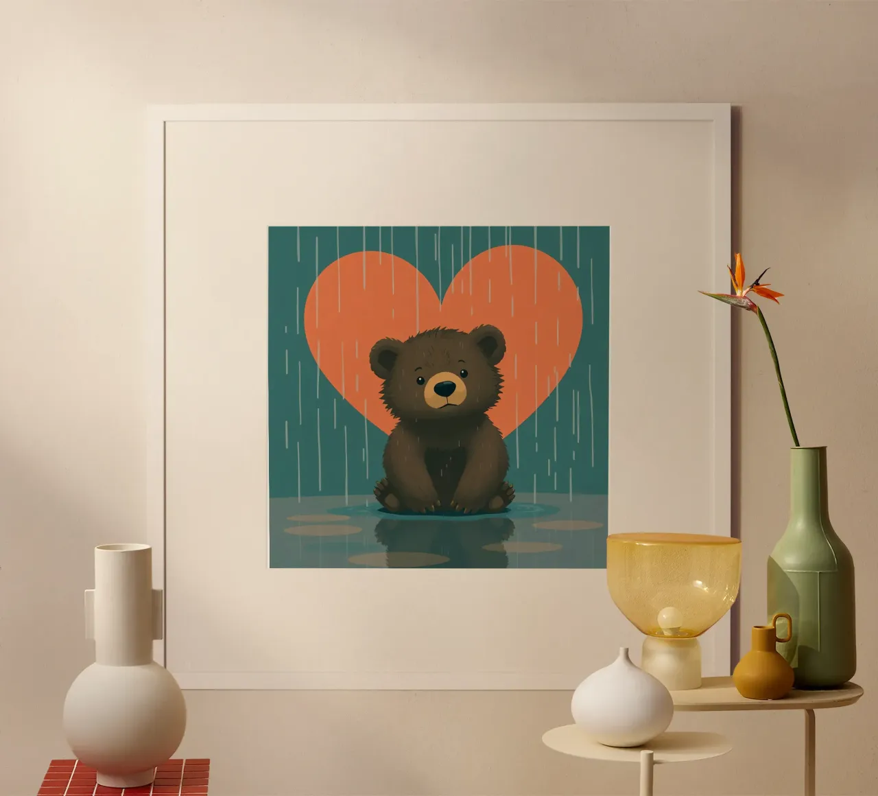 Simpatico orso seduto sotto la pioggia sotto un grande cuore a forma di poster con telaio in plastica da DesignDoodle
