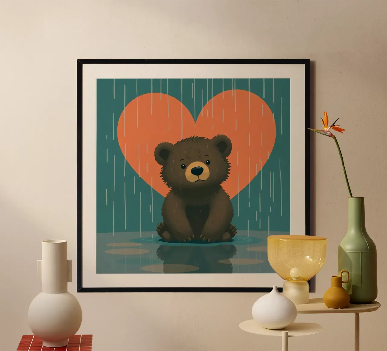 Simpatico orso seduto sotto la pioggia sotto un grande cuore a forma di poster con telaio in plastica da DesignDoodle