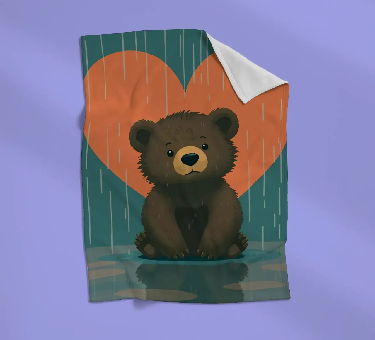 Simpatico orso seduto sotto la pioggia sotto un grande cuore a forma di coperta in pile da DesignDoodle