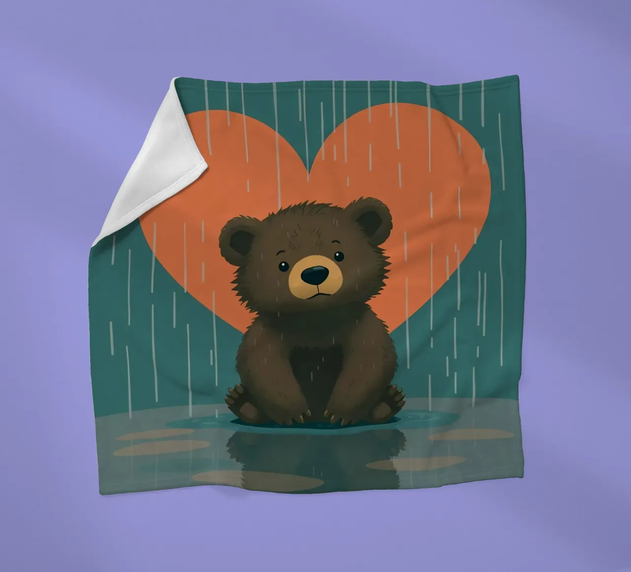 Simpatico orso seduto sotto la pioggia sotto un grande cuore a forma di coperta in pile da DesignDoodle