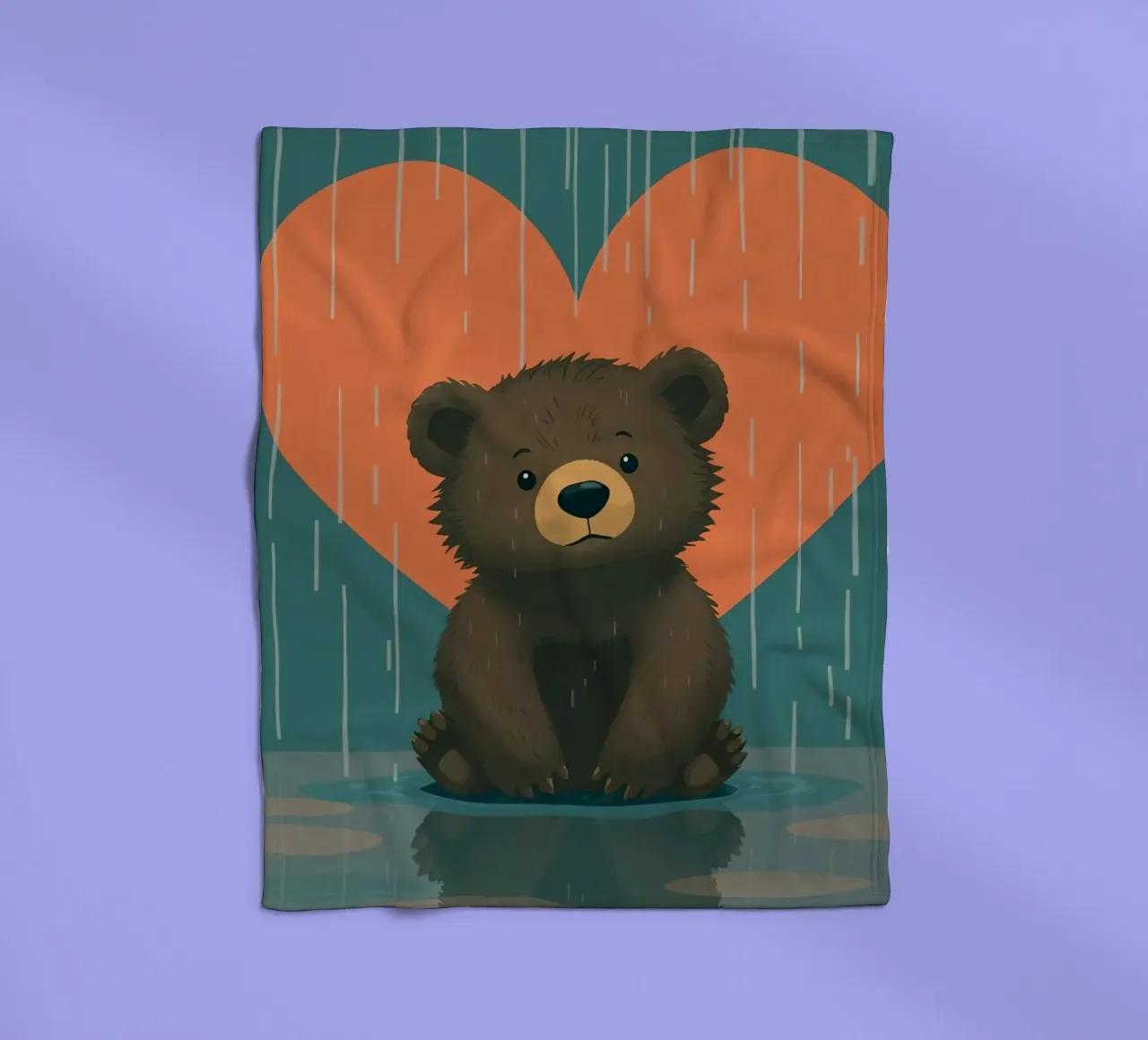 Simpatico orso seduto sotto la pioggia sotto un grande cuore a forma di coperta in pile da DesignDoodle