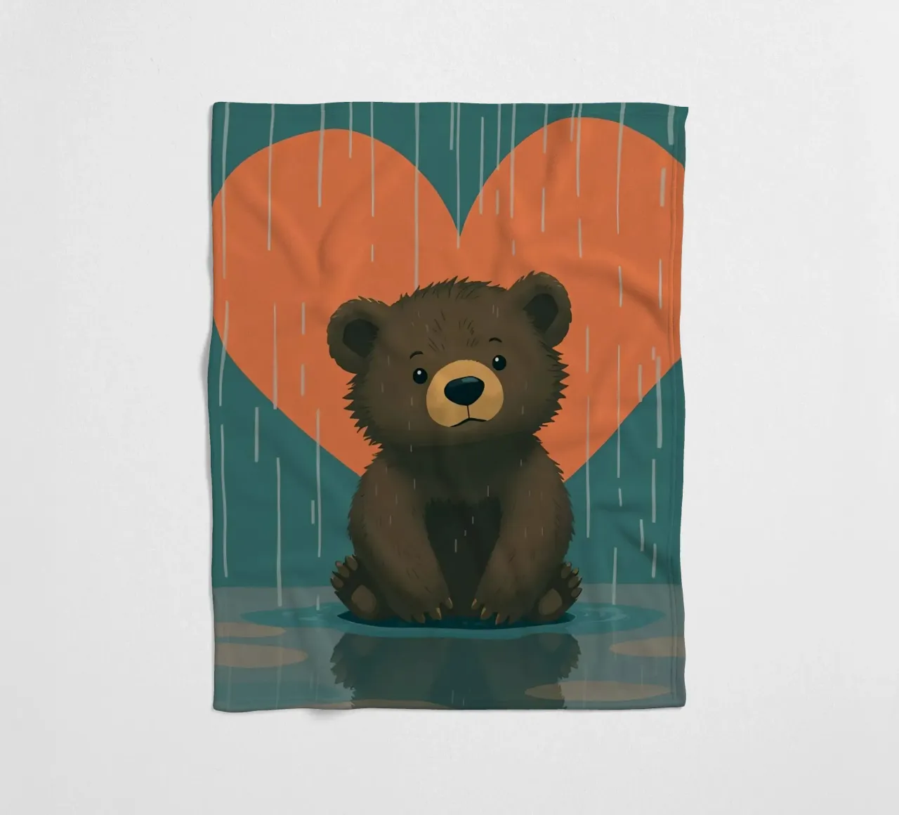 Simpatico orso seduto sotto la pioggia sotto un grande cuore a forma di coperta in pile da DesignDoodle