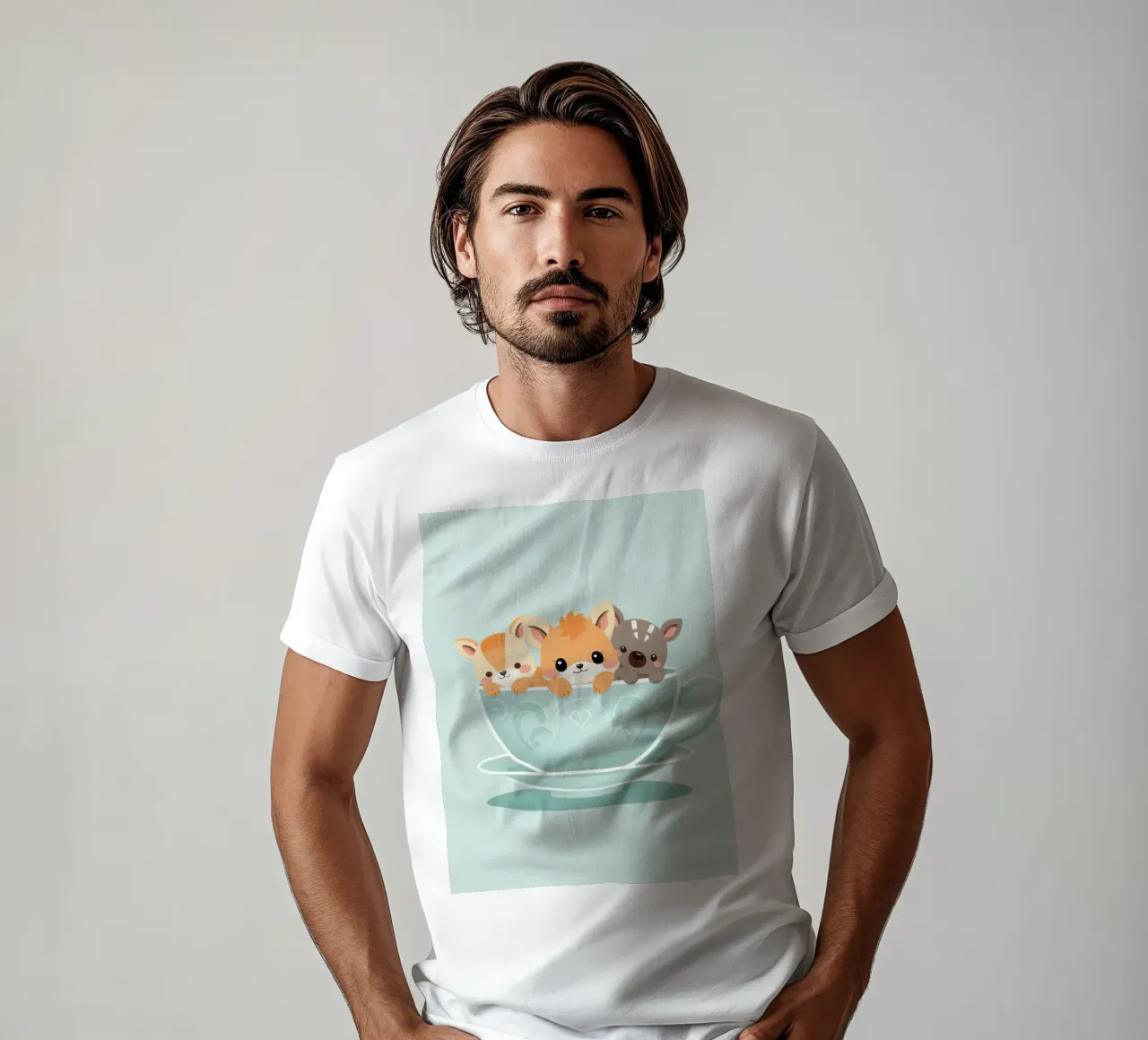 adorable animal characters peeking out of a pastel teacup t-shirt by DesignDoodle