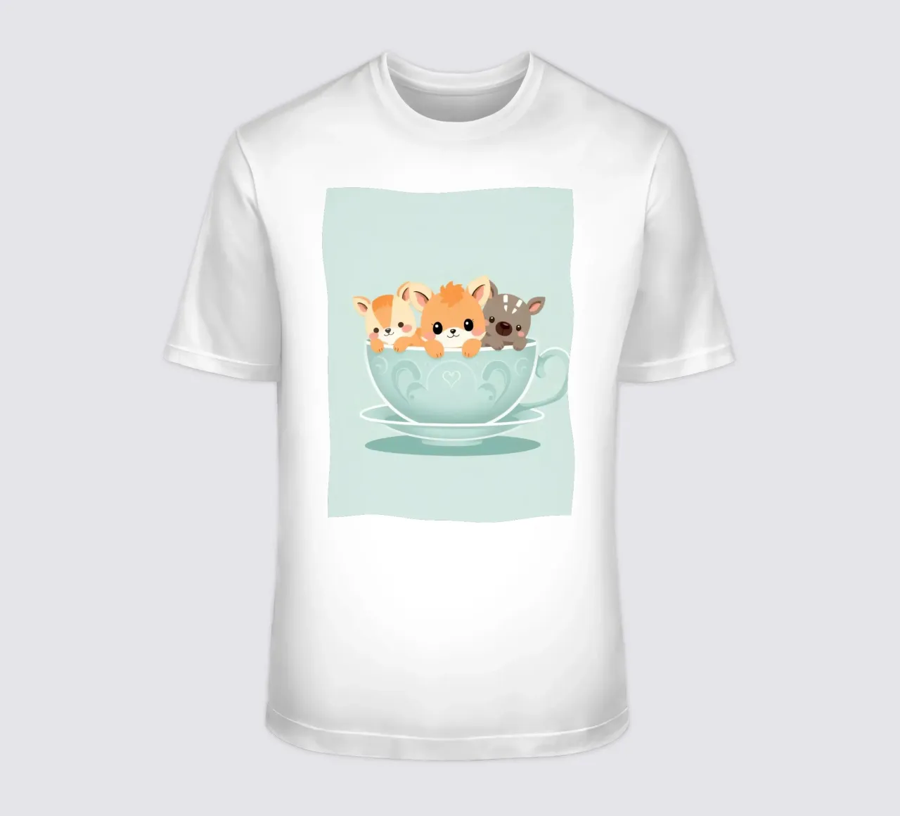 adorable animal characters peeking out of a pastel teacup t-shirt by DesignDoodle