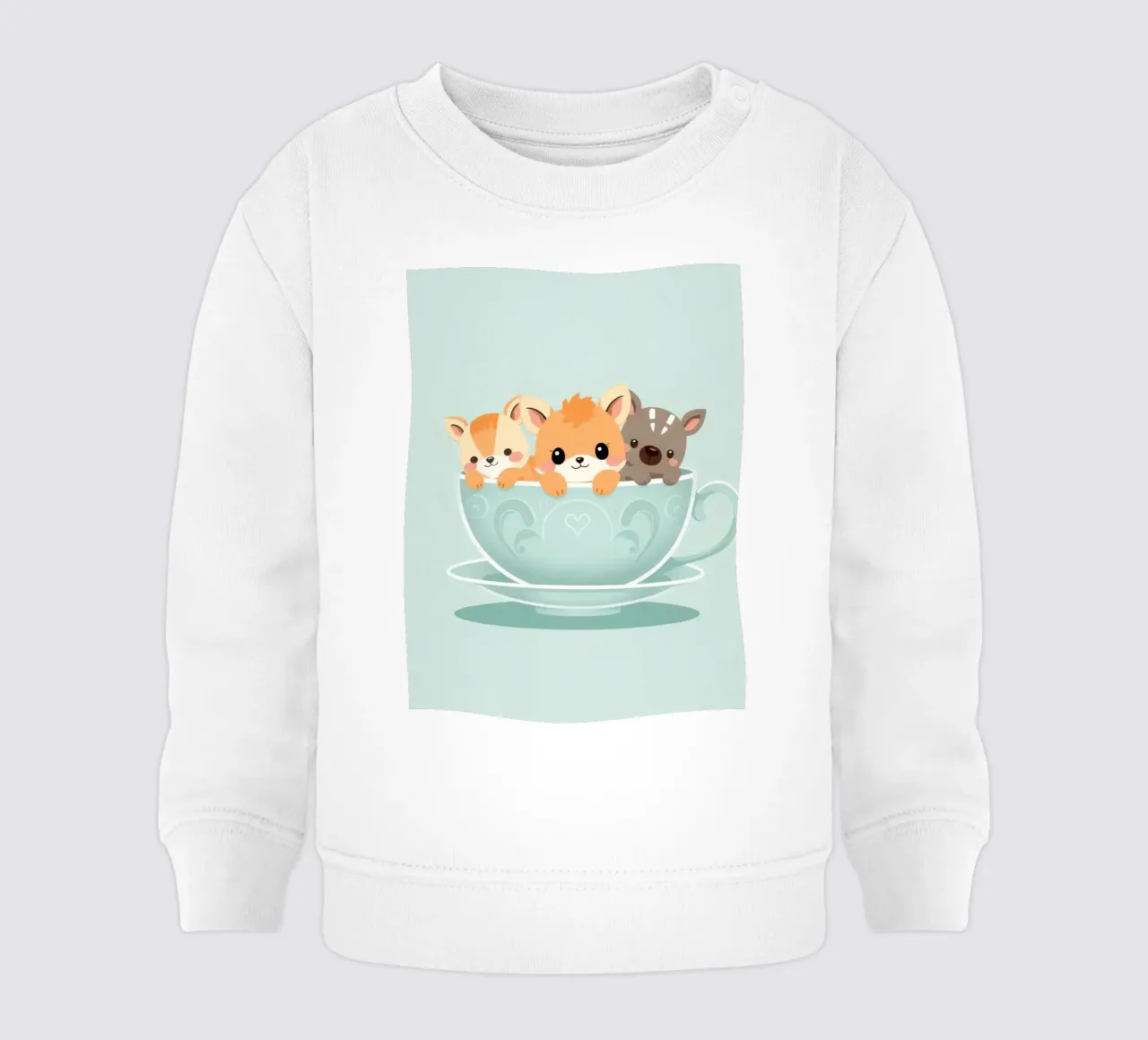 adorable animal characters peeking out of a pastel teacup baby sweatshirt by DesignDoodle
