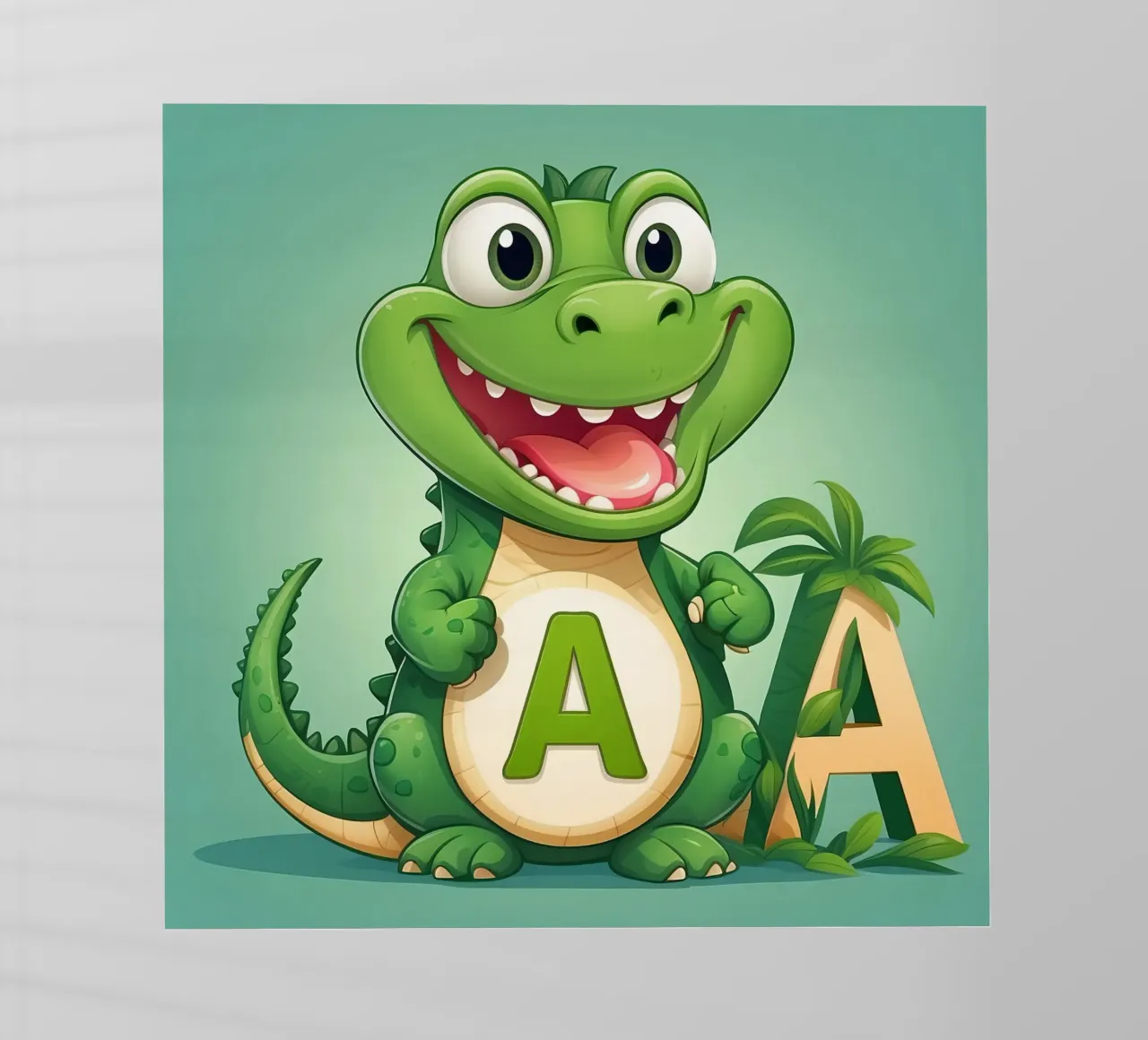 Un allegro alligatore dei cartoni animati si trova accanto a una grande lettera A pellicola backlit da DesignDoodle