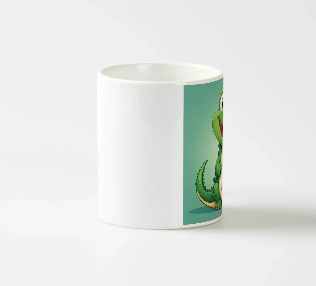 Un allegro alligatore dei cartoni animati si trova accanto a una grande lettera A tazza in ceramica da DesignDoodle