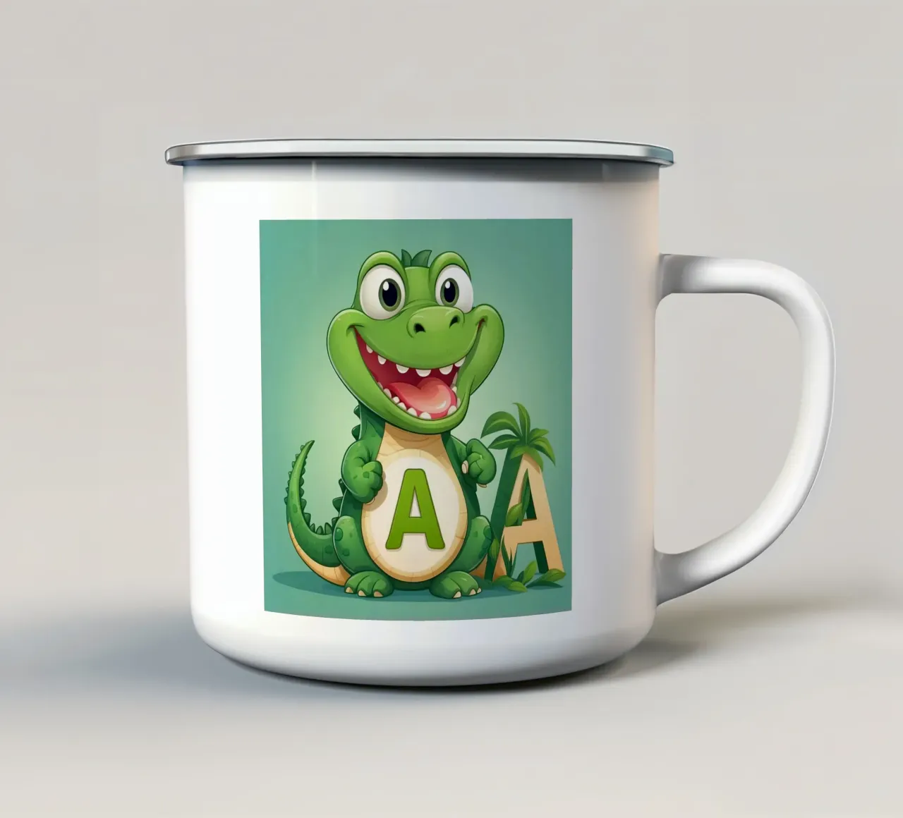 Un allegro alligatore dei cartoni animati si trova accanto a una grande lettera A tazza in smalto da DesignDoodle
