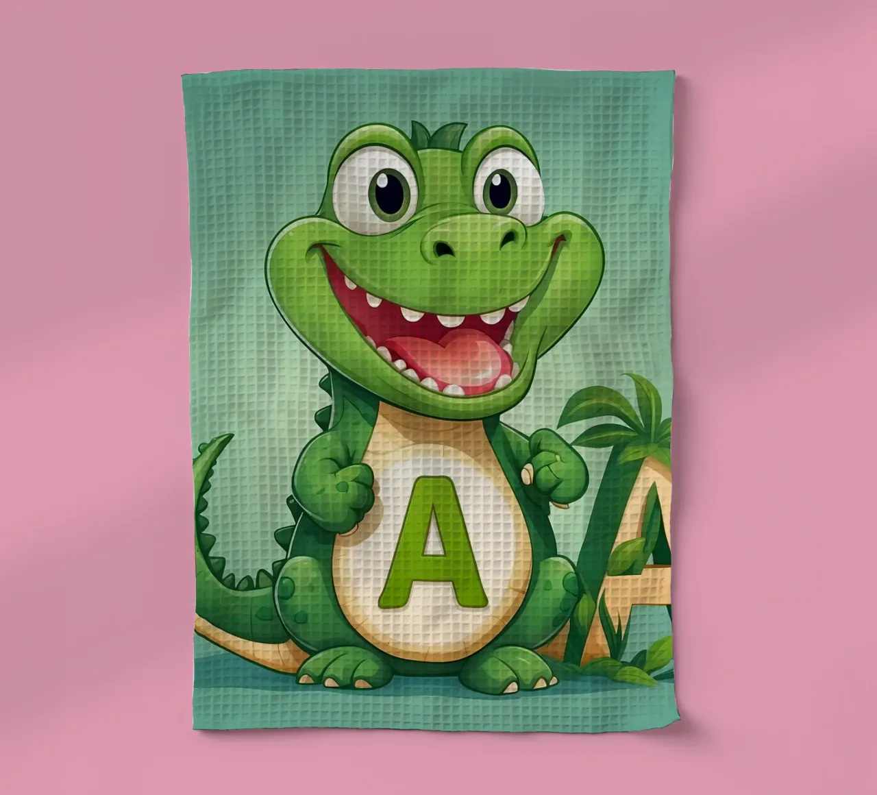 Un joyeux alligator de dessin animé se tient à côté d'une grande lettre A torchon de DesignDoodle