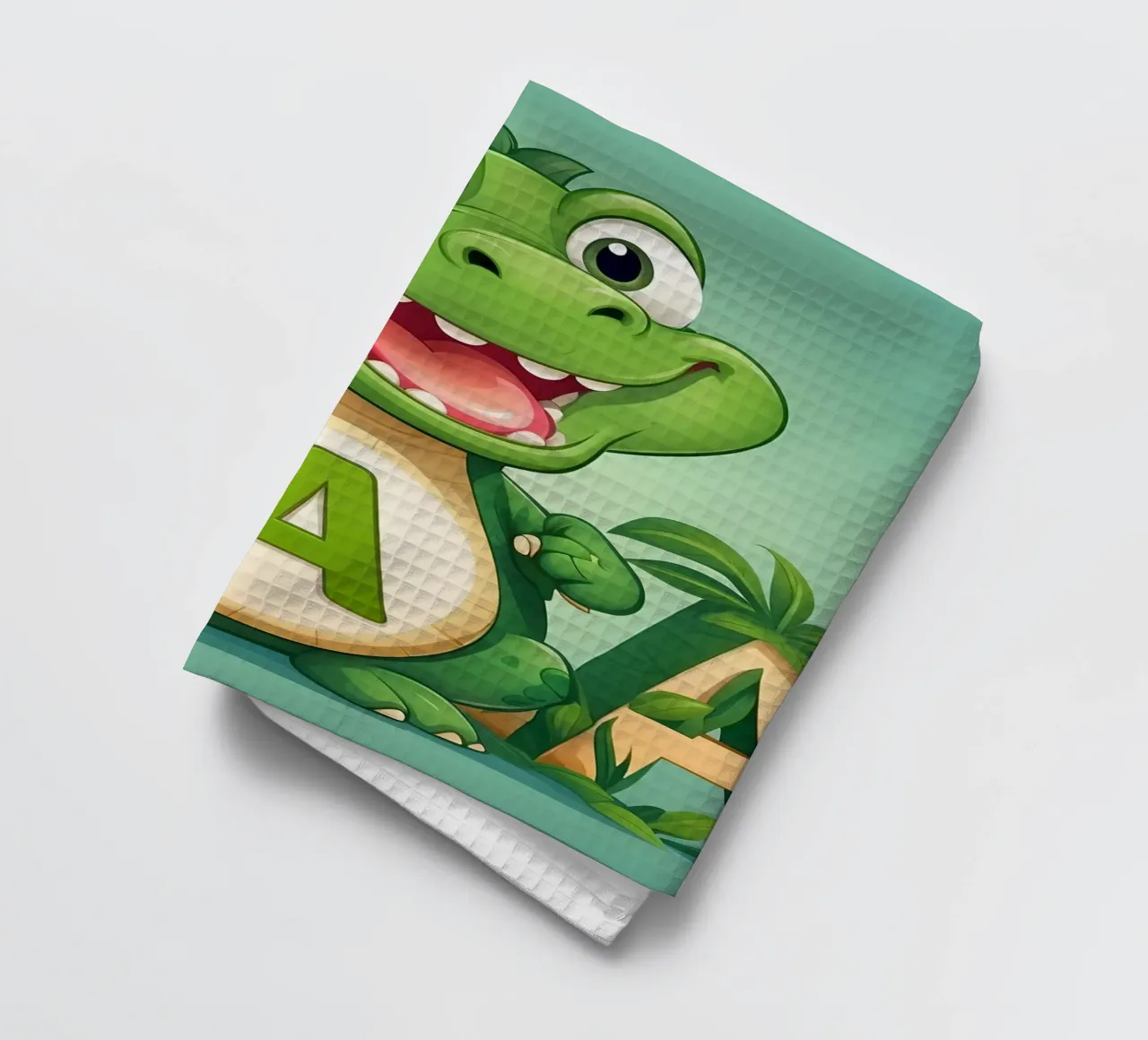 Un joyeux alligator de dessin animé se tient à côté d'une grande lettre A torchon de DesignDoodle