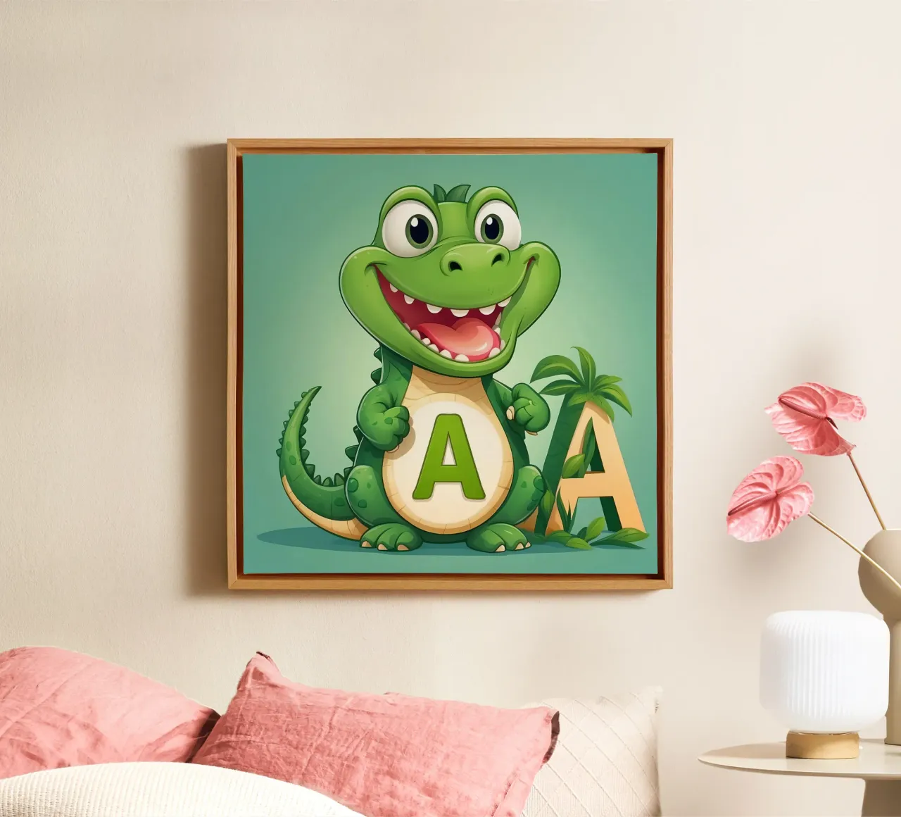 Un allegro alligatore dei cartoni animati si trova accanto a una grande lettera A tela con Cornice a cassetta da DesignDoodle