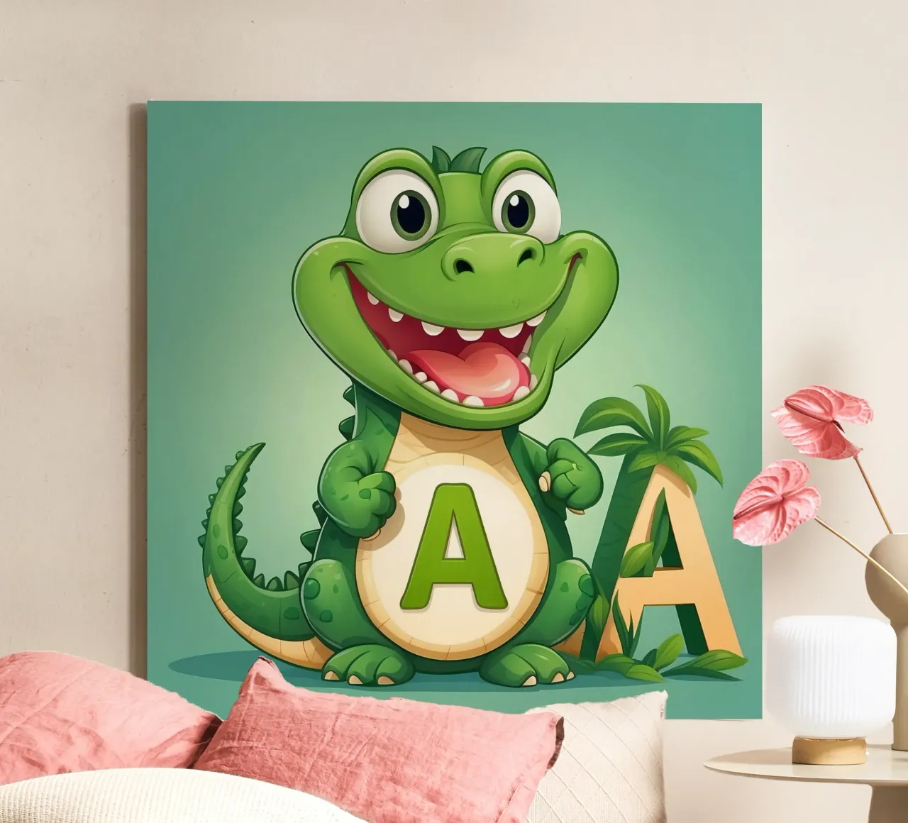 Un allegro alligatore dei cartoni animati si trova accanto a una grande lettera A tela con Cornice a cassetta da DesignDoodle