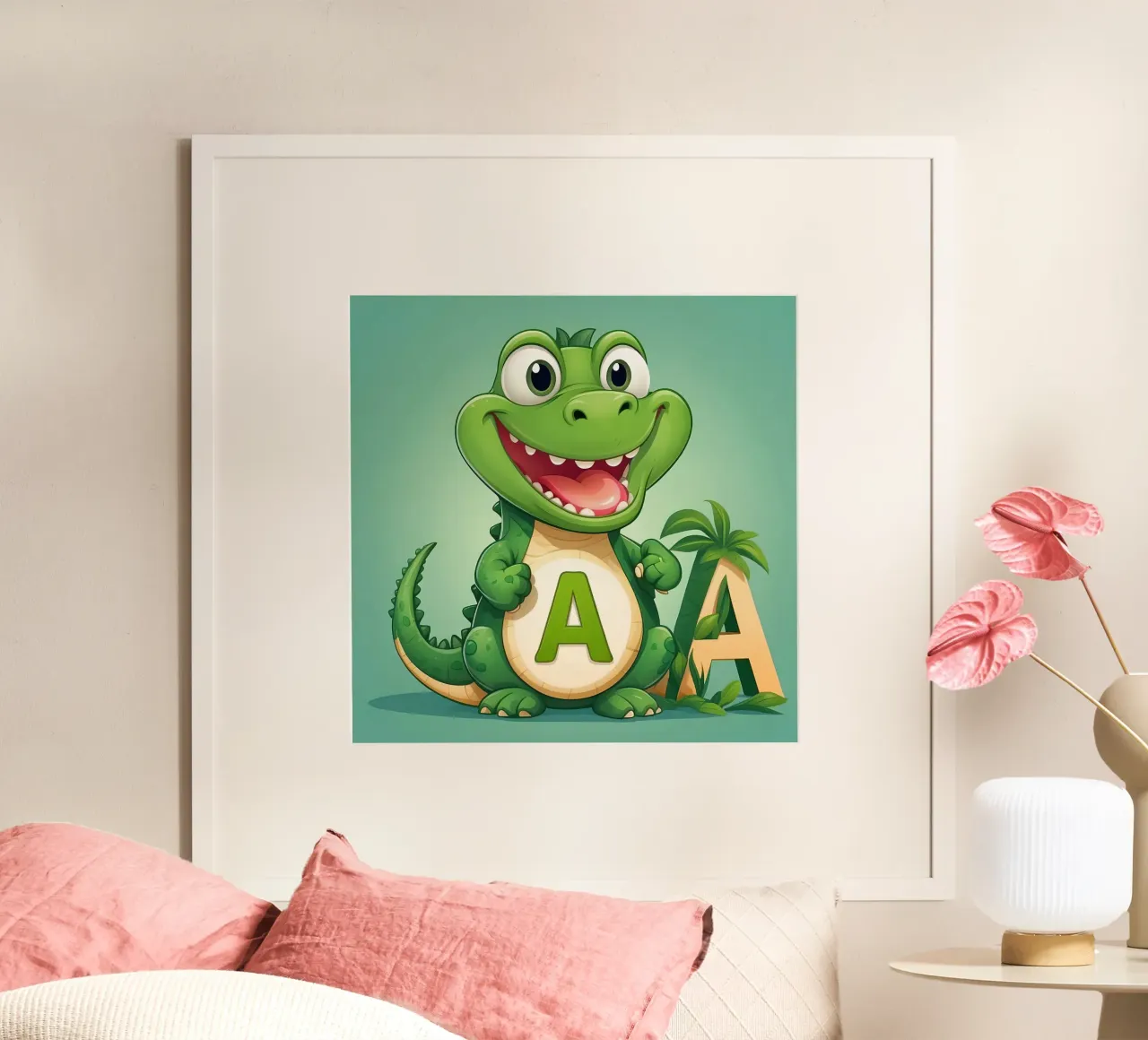 Un allegro alligatore dei cartoni animati si trova accanto a una grande lettera A poster da DesignDoodle