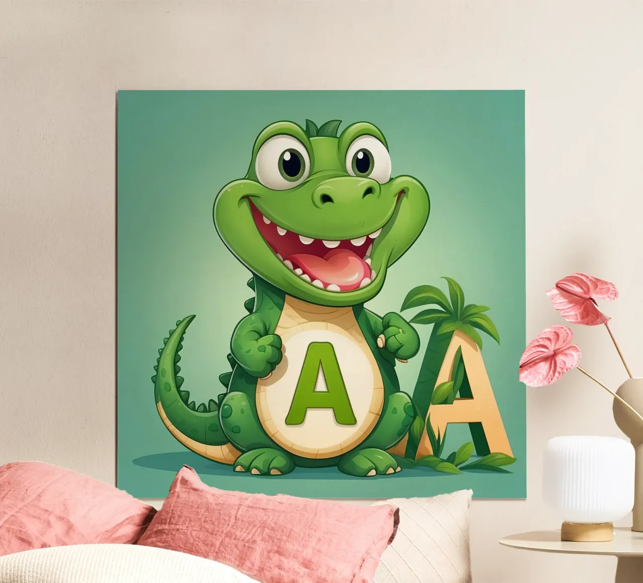 Un allegro alligatore dei cartoni animati si trova accanto a una grande lettera A poster da DesignDoodle