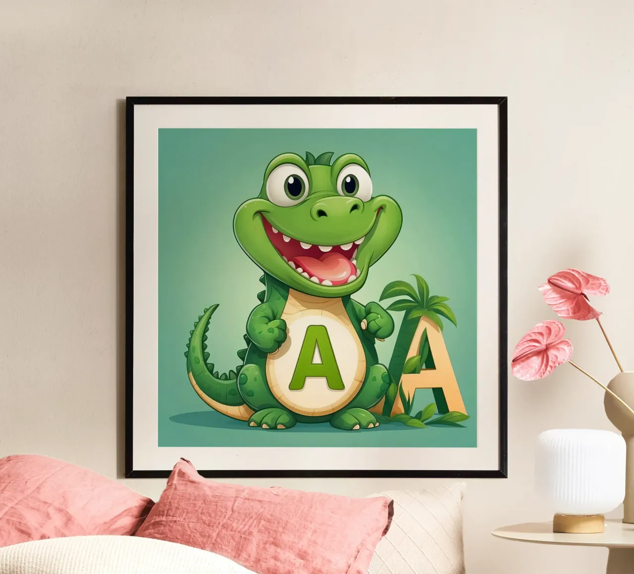 Un allegro alligatore dei cartoni animati si trova accanto a una grande lettera A poster da DesignDoodle