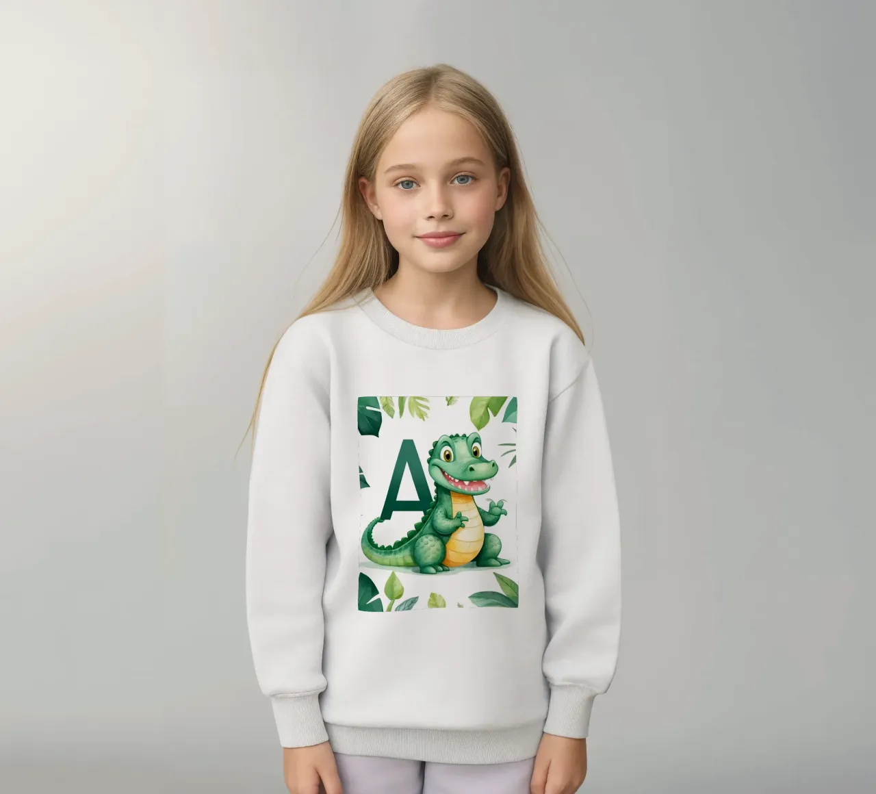 Fun alligator character showcases letter A in a nature-theme kids sweatshirt by DesignDoodle