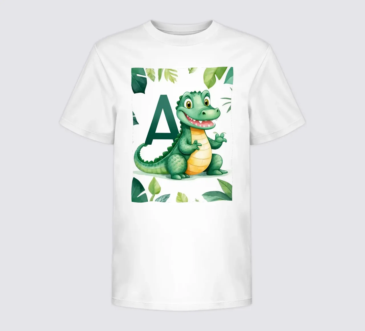 Fun alligator character showcases letter A in a nature-theme kids t-shirt by DesignDoodle