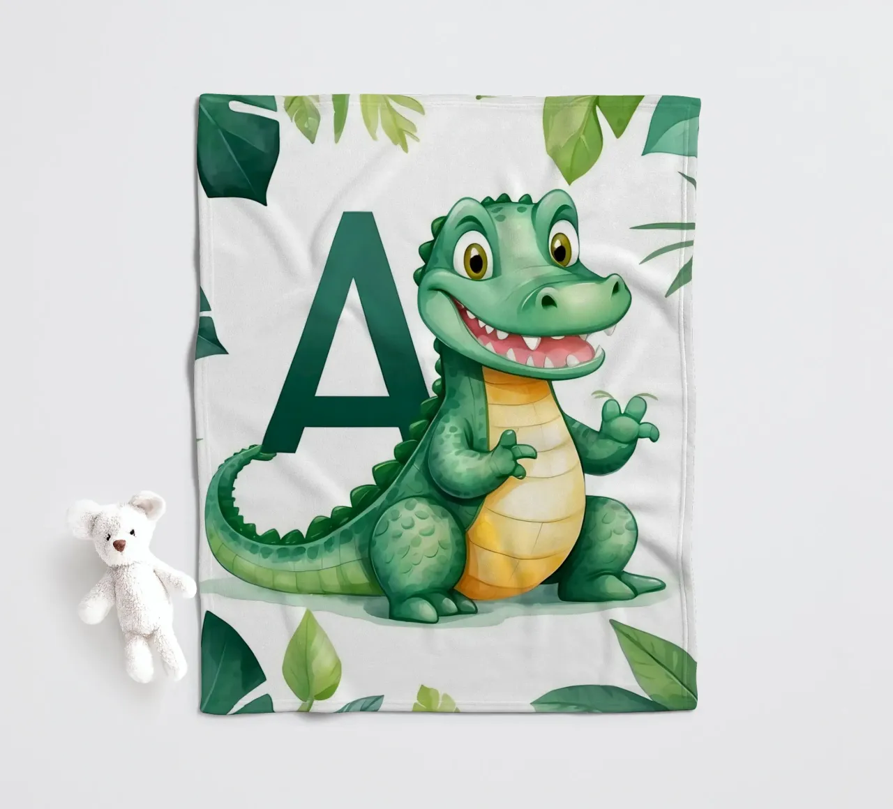 Il divertente personaggio dell'alligatore mette in mostra la lettera A in un tema naturalistico coperta in pile da DesignDoodle