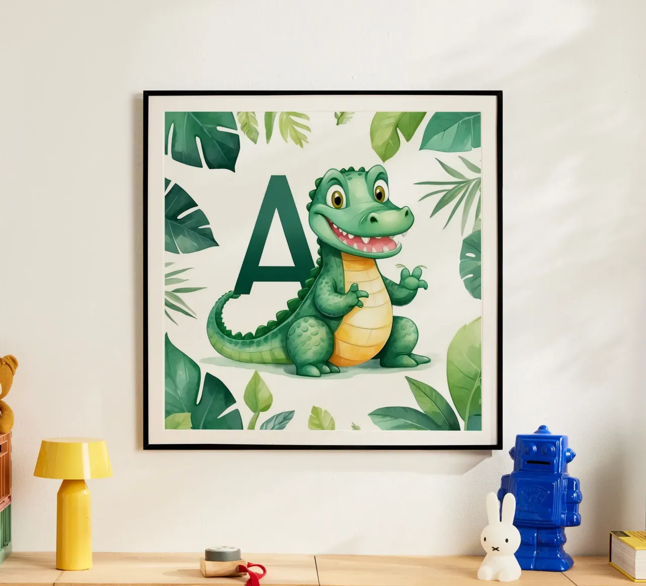 Il divertente personaggio dell'alligatore mette in mostra la lettera A in un tema naturalistico carta hahnemühle da DesignDoodle