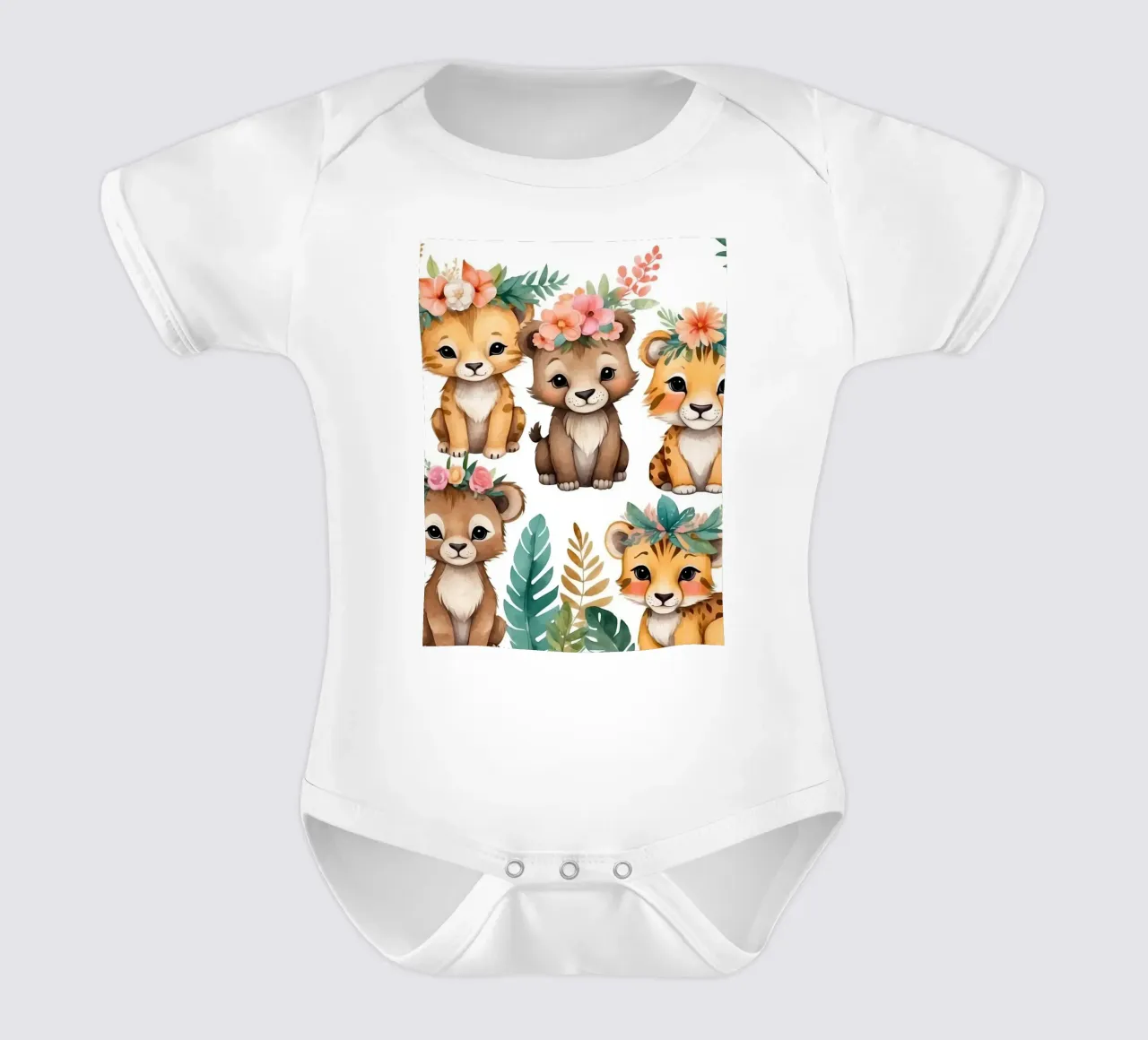 Schattige dierenillustratie met leeuwen en tijgers versierd babyrompertje korte mouwen van DesignDoodle