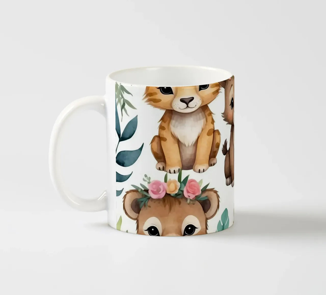 Schattige dierenillustratie met leeuwen en tijgers versierd keramische mok van DesignDoodle