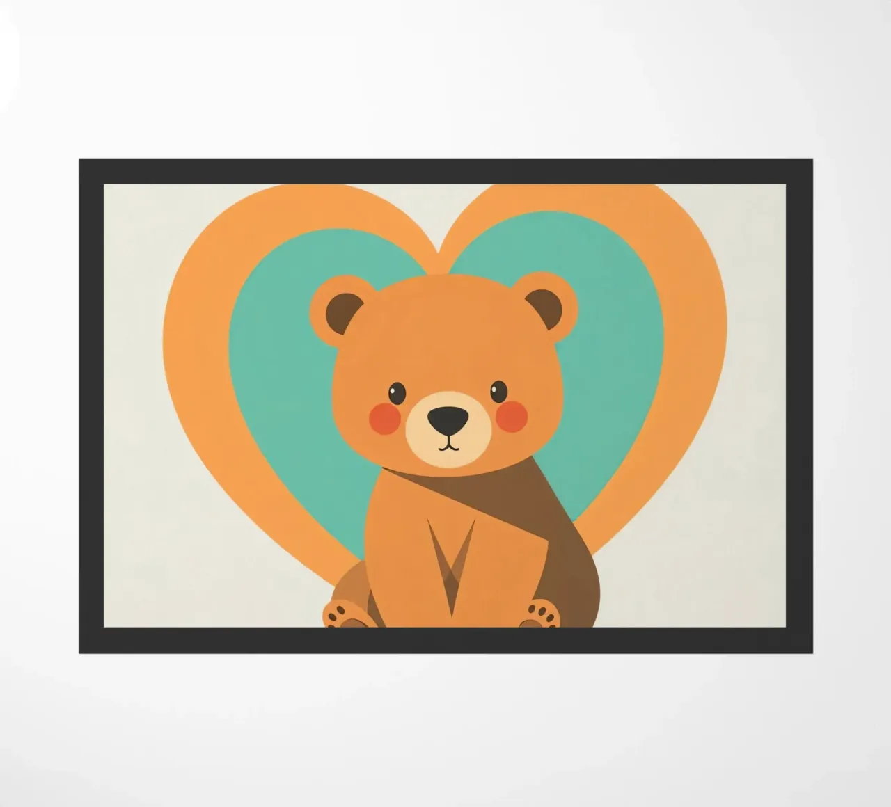 Illustrazione di un simpatico orsetto circondato da forme di cuore in un morbido zerbino da DesignDoodle