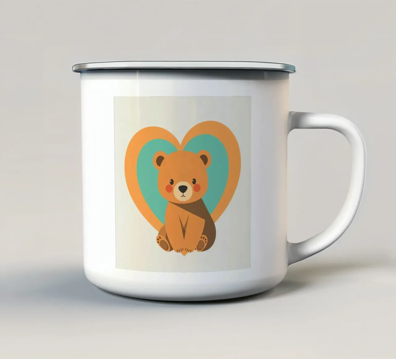 Illustrazione di un simpatico orsetto circondato da forme di cuore in un morbido tazza in smalto da DesignDoodle