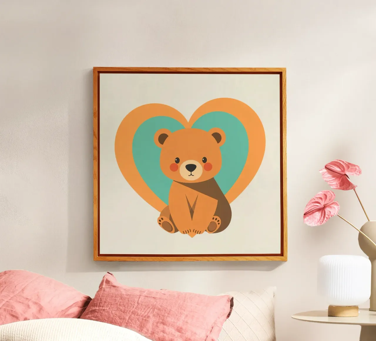 Cute bear illustration surrounded by heart shapes in a soft acrylic glass by DesignDoodle