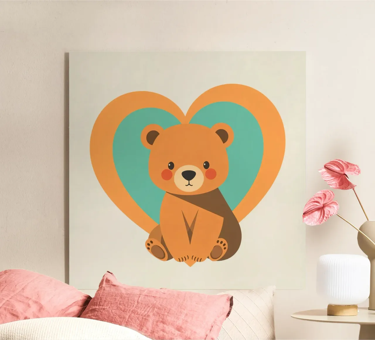 Cute bear illustration surrounded by heart shapes in a soft acrylic glass by DesignDoodle