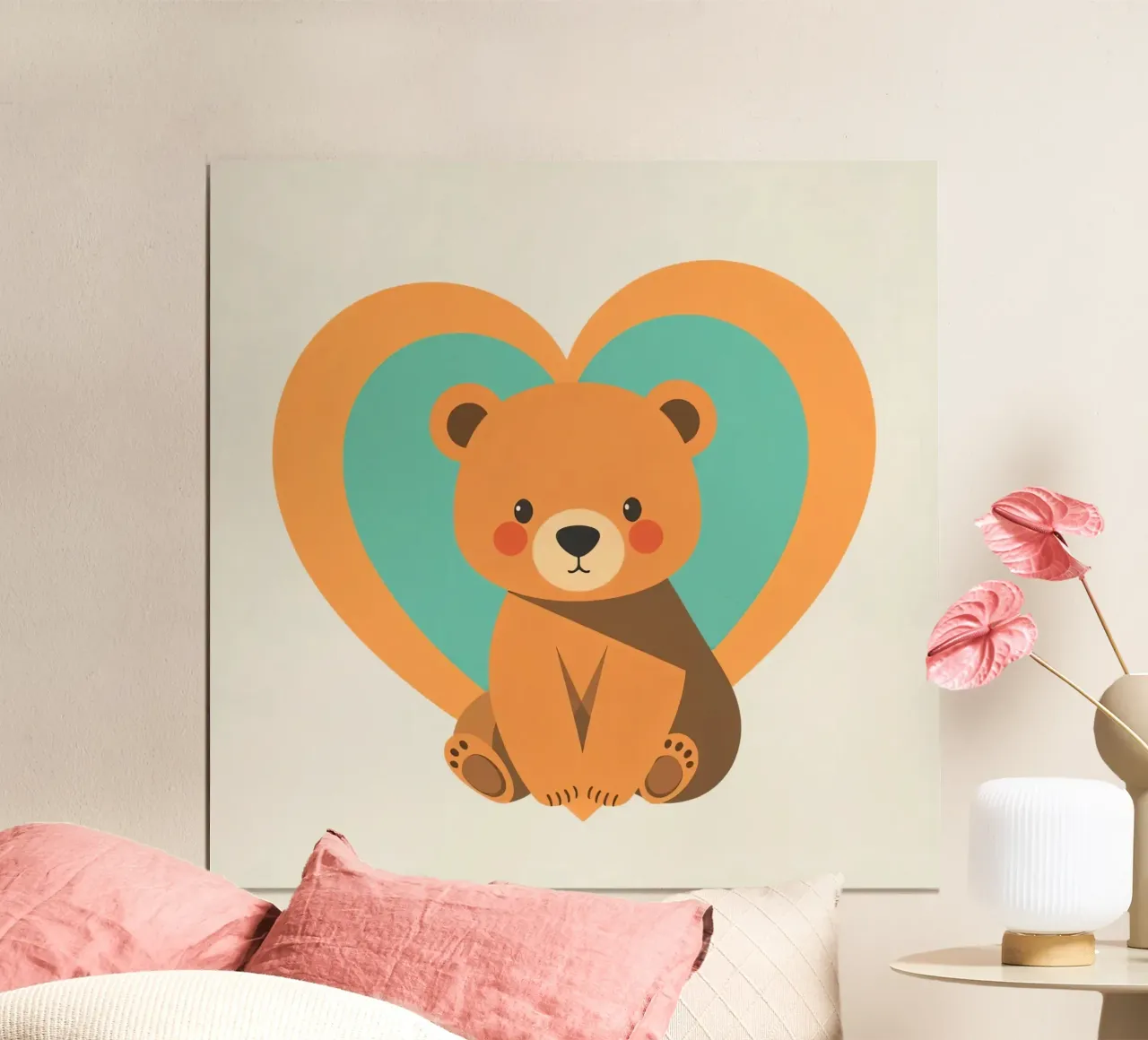 Illustrazione di un simpatico orsetto circondato da forme di cuore in un morbido carta hahnemühle da DesignDoodle
