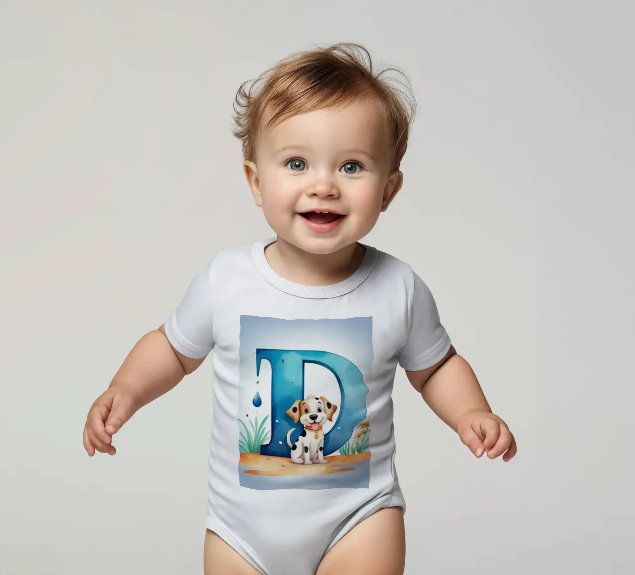 Chiot enjoué avec la lettre D dans un cadre joyeux pour l'éducation. body bébé de DesignDoodle