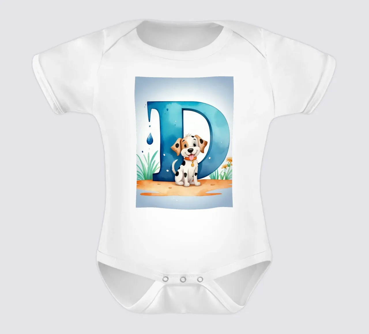 Chiot enjoué avec la lettre D dans un cadre joyeux pour l'éducation. body bébé de DesignDoodle
