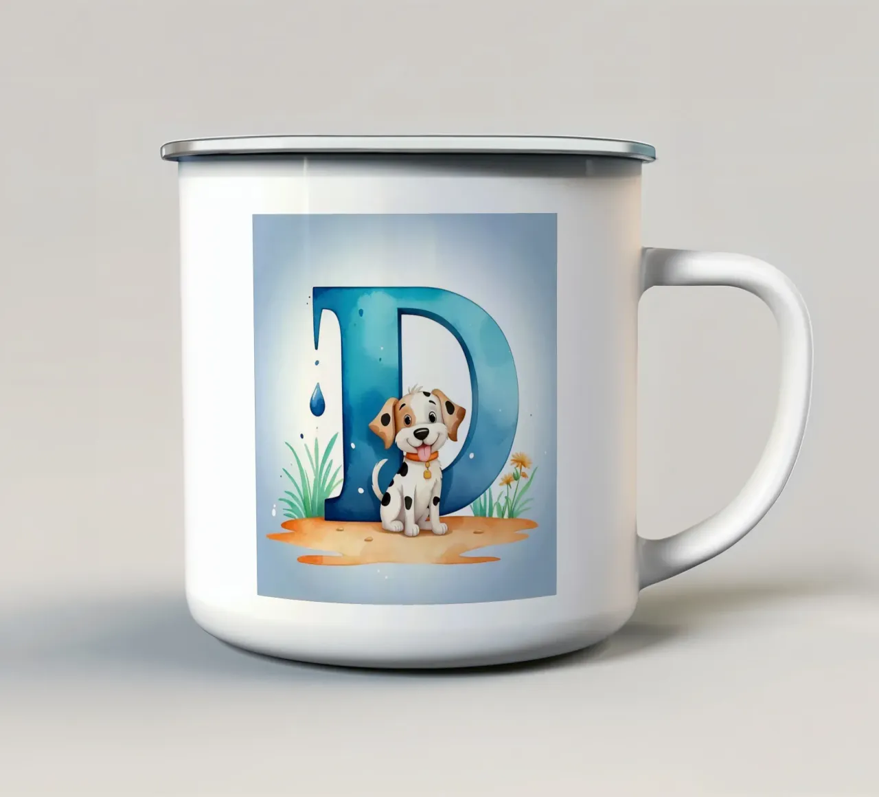 Cucciolo giocoso con la lettera D in un'ambientazione allegra per l'educazione. tazza in smalto da DesignDoodle