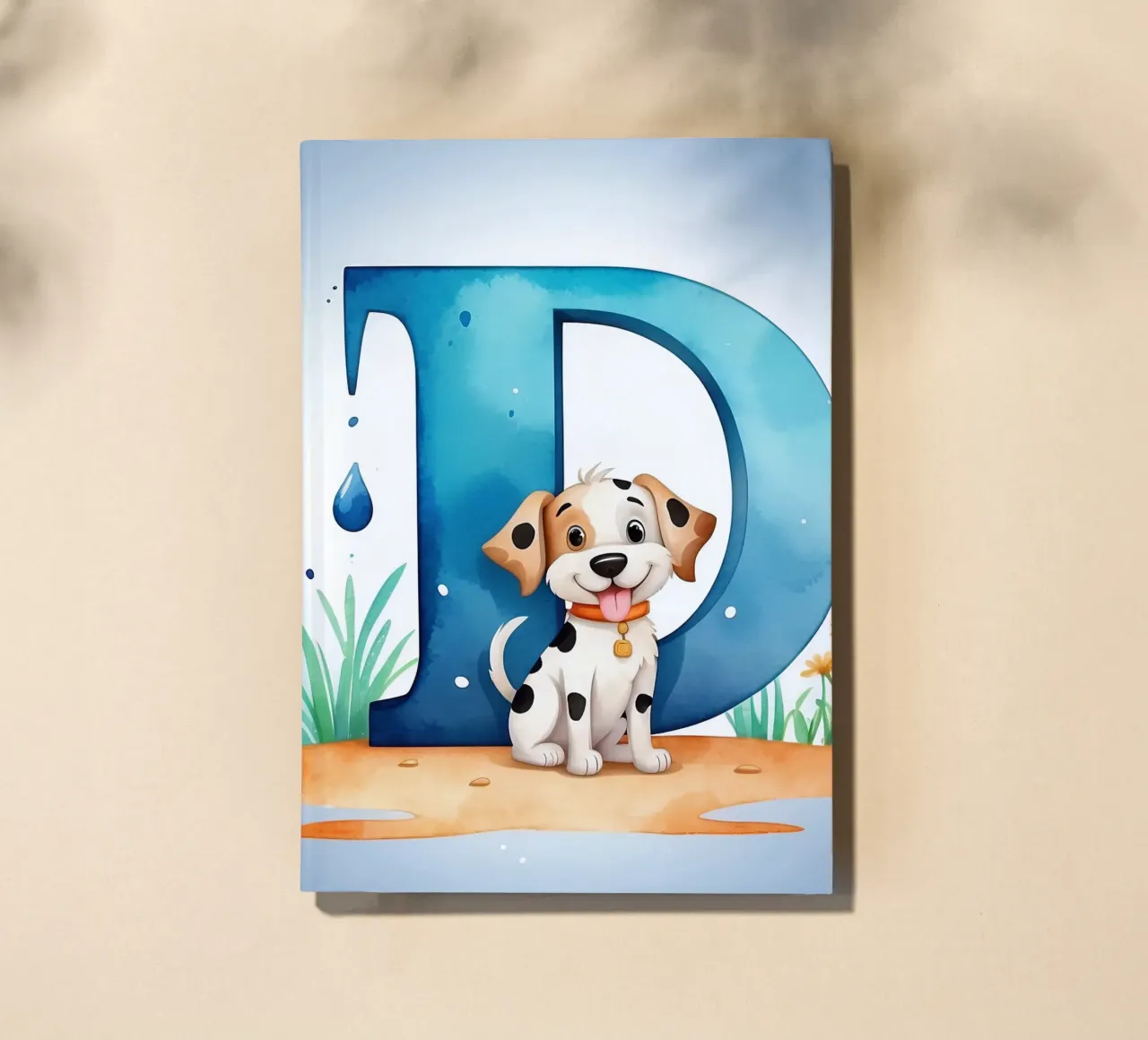 Playful puppy with letter D in a cheerful setting for educat notebook by DesignDoodle