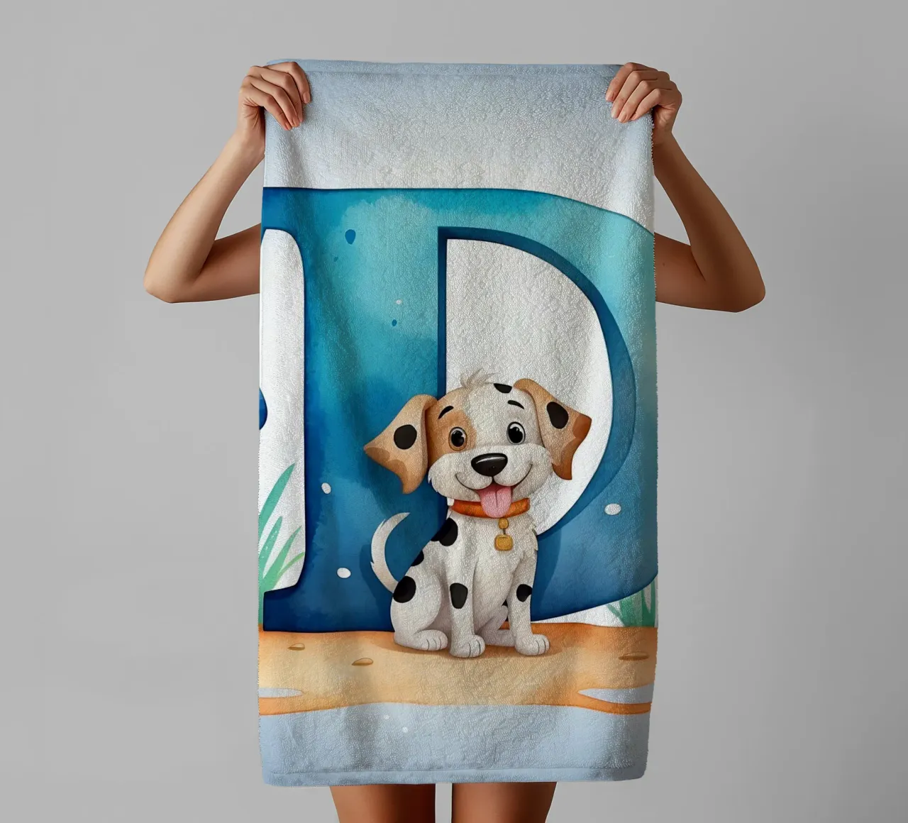 Playful puppy with letter D in a cheerful setting for educat towel by DesignDoodle