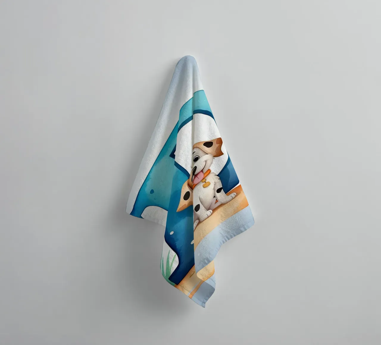 Playful puppy with letter D in a cheerful setting for educat towel by DesignDoodle