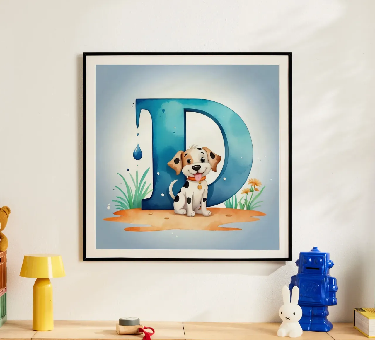 Chiot enjoué avec la lettre D dans un cadre joyeux pour l'éducation. poster avec cadre en aluminium de DesignDoodle