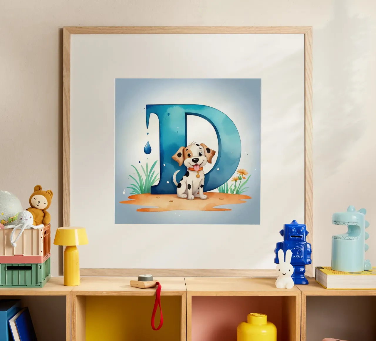 Chiot enjoué avec la lettre D dans un cadre joyeux pour l'éducation. poster avec cadre en aluminium de DesignDoodle