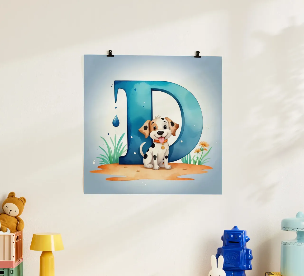 Chiot enjoué avec la lettre D dans un cadre joyeux pour l'éducation. poster avec cadre en aluminium de DesignDoodle