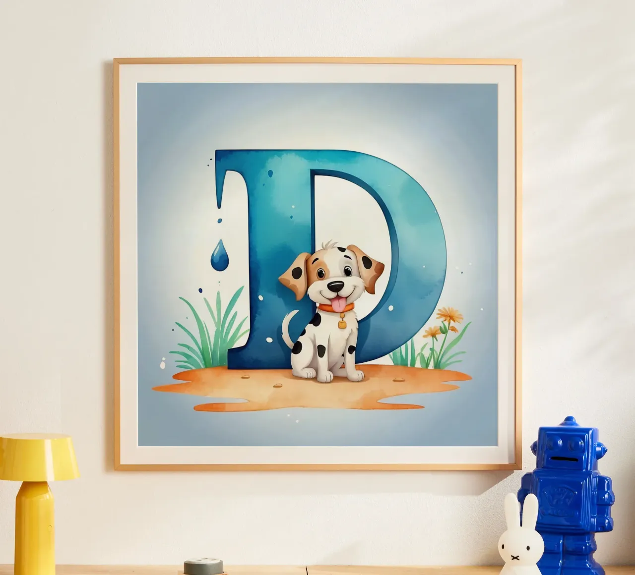 Chiot enjoué avec la lettre D dans un cadre joyeux pour l'éducation. poster avec cadre en aluminium de DesignDoodle