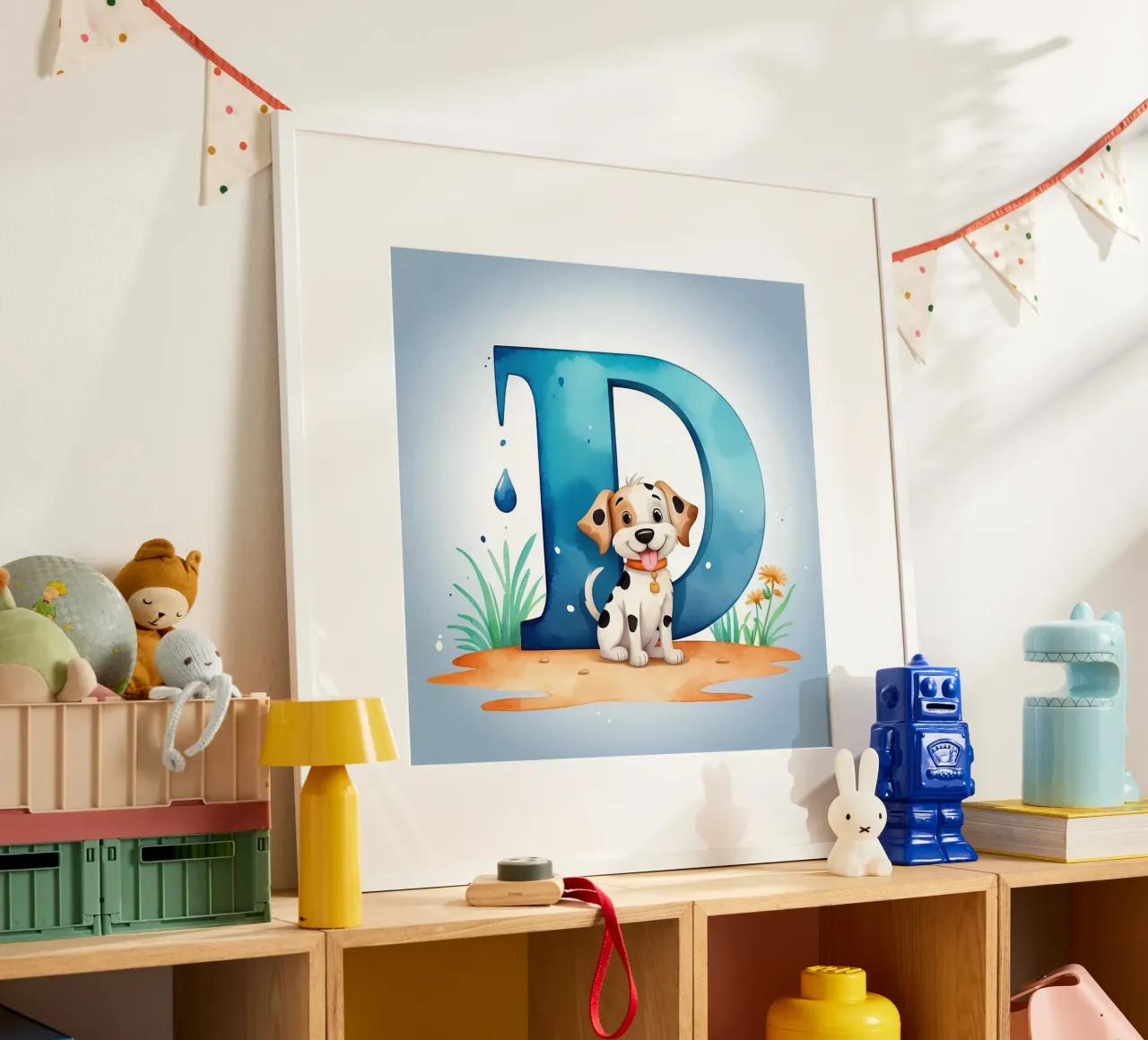 Chiot enjoué avec la lettre D dans un cadre joyeux pour l'éducation. poster avec cadre en aluminium de DesignDoodle