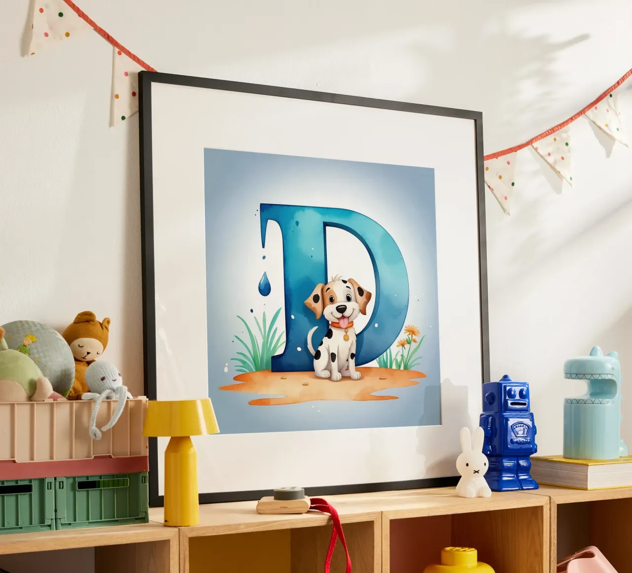 Chiot enjoué avec la lettre D dans un cadre joyeux pour l'éducation. poster avec cadre en aluminium de DesignDoodle
