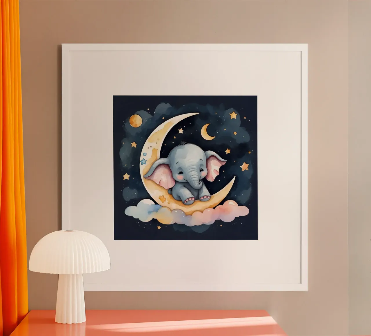 Cute baby elephant resting on a crescent moon poster by DesignDoodle